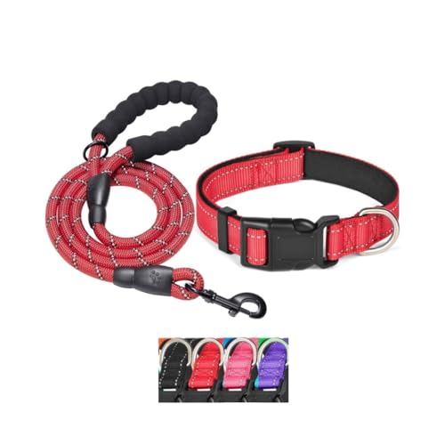 KOMUNJ Hundehalsband und Leine, reflektierendes Hundehalsband und Leine, verstellbares Halsband, strapazierfähige Nylonleine für mittelgroße und große Hunde, Rot, S von KOMUNJ