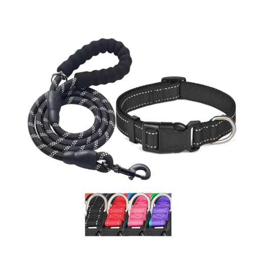 KOMUNJ Hundehalsband und Leine, reflektierendes Hundehalsband und Leine, verstellbares Halsband, strapazierfähige Nylonleine für mittelgroße und große Hunde, Eisen, L von KOMUNJ