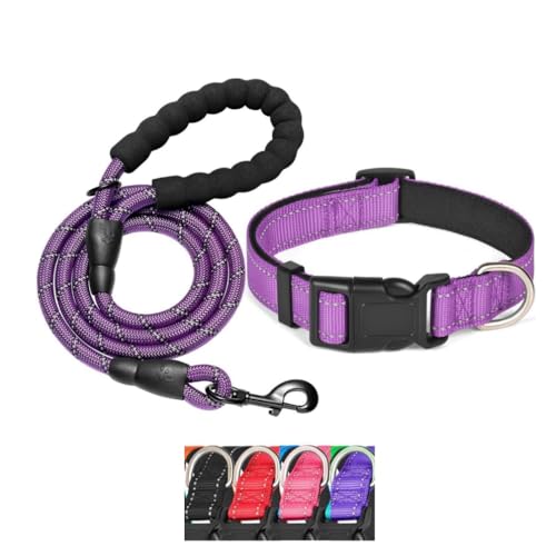 KOMUNJ Reflektierendes Hundehalsband und Leine, verstellbares Halsband, strapazierfähige Nylon-Leine für mittelgroße und große Hunde, Lila, m von KOMUNJ