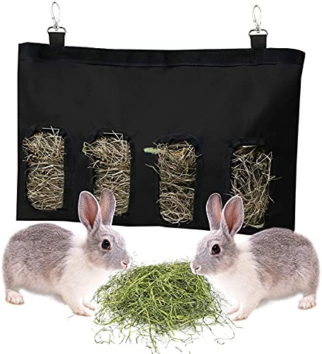 KOMUNJ Kaninchen Heu Futterbeutel, Futterspender Kleintiere Heutasche Futtersack für Hase Chinchilla Hamster Kleine Tiere (4 Fenster, Schwarz) von KOMUNJ