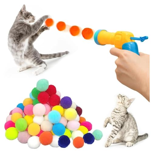 KOMUNJ Katzenspielzeug Ball Pistole, Katzenspielzeug Bälle 50 Bälle,Spielzeug Katze Plüschball, mit Ballwerfer Katze, Katzenbälle Plastik Geräuschloser Katzen Spielzeug für Katzen Indoor von KOMUNJ