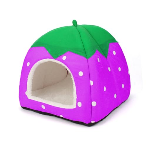 KOMUNJ Kleintierbetten,Runde waschbare kleintierbetten Schlafsack Mit Abnehmbarer Matte, Erdbeer-Design, Für Zwergkaninchen/Chinchilla/Hamster, Violett von KOMUNJ