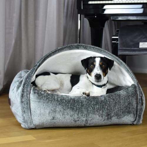 KONA CAVE Luxuriöses Kuschelhöhlenbett - Himmelbett für Katzen und Hunde - Bestes Höhlenbett - Abnehmbarer Deckel (Chenille-Samt – Grau, Mittel: 85w x 75d x 55h cm) von KONA CAVE