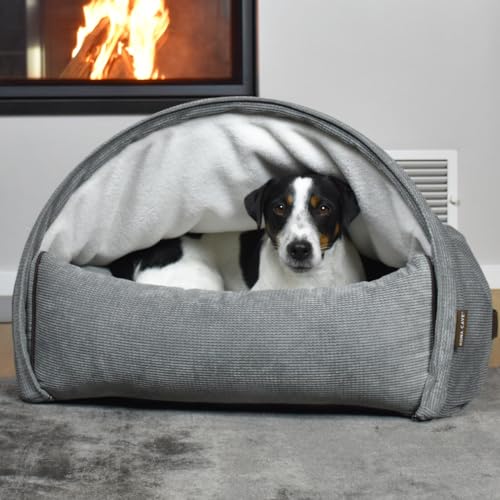 KONA CAVE® - Luxuriöses Kuschelhöhlenbett - Himmelbett für Katzen und Hunde - Bestes Höhlenbett - Abnehmbarer Deckel (Kordsamt - Grau, Mittel: 85w x 75d x 55h cm) von KONA CAVE