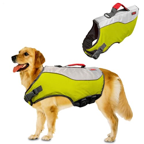 Water Float Schwimmweste für Hunde, Schwimmweste mit Sicherheitsgriff, verstellbar, bequem, langlebig, Konservierungsmantel, hoher Auftrieb, Grün, Größe L von KONG Sport