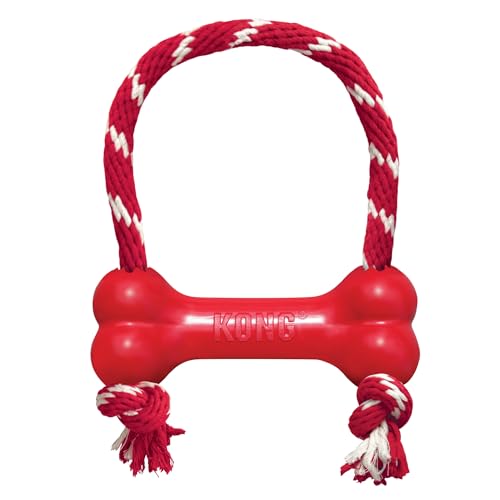 KONG Goodie Bone mit Seil - Klassischer strapazierfähiger Hundeknochen aus Naturkautschuk - Leckerlispender - Für XS Hunde - Rot von KONG