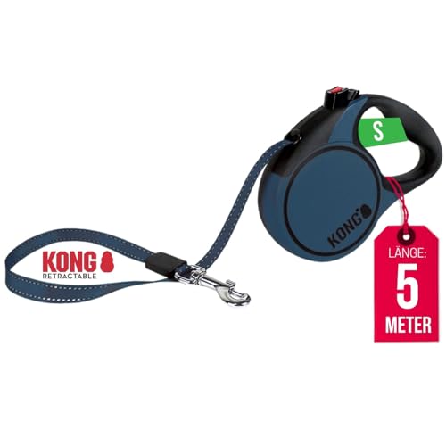 KONG ausrollbare Hundeleine in 5m Länge I Für kleine Hunde bis 20kg I Größe S I Hochwertige Rollleine mit Break & Lock System in blau I komfortable Leine mit Softgriff & reflektierendem Gurt von KONG