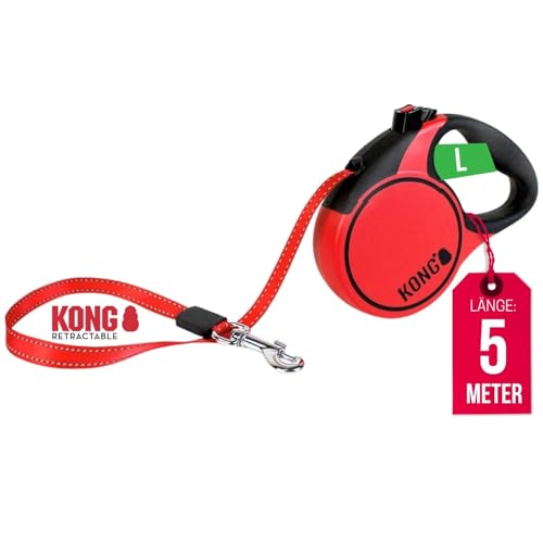 KONG ausrollbare Hundeleine in 5m Länge I Für große Hunde bis 50kg I Größe L I Hochwertige Rollleine mit Break & Lock System in rot I komfortable Leine mit Softgriff & reflektierendem Gurt von KONG