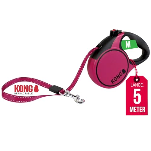 KONG ausrollbare Hundeleine in 5m Länge I Für mittelgroße Hunde bis 30kg I Größe M I Hochwertige Rollleine mit Break & Lock System in pink I komfortable Leine mit Softgriff & reflektierendem Gurt von KONG