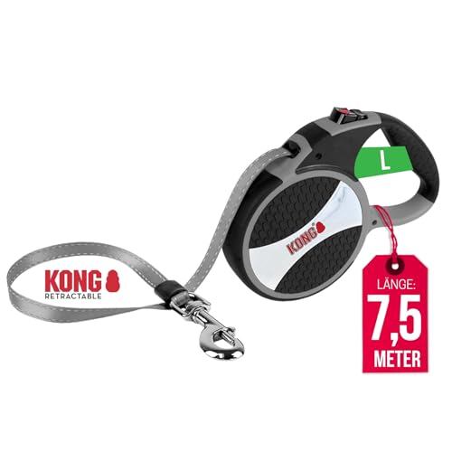 KONG ausrollbare Hundeleine in 7,5m Länge I Für große Hunde bis 50kg I Größe L I Hochwertige Rollleine mit Break & Lock System in grau I komfortable Leine mit Softgriff & reflektierendem Gurt von KONG