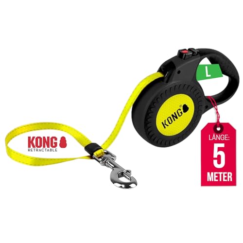 KONG ausrollbare Hundeleine in 5m Länge I Für große Hunde bis 50kg I Größe L I Hochwertige Rollleine mit Break & Lock System in gelb-schwarz I Leine mit Softgriff & hochreflektierendem Gurt von KONG