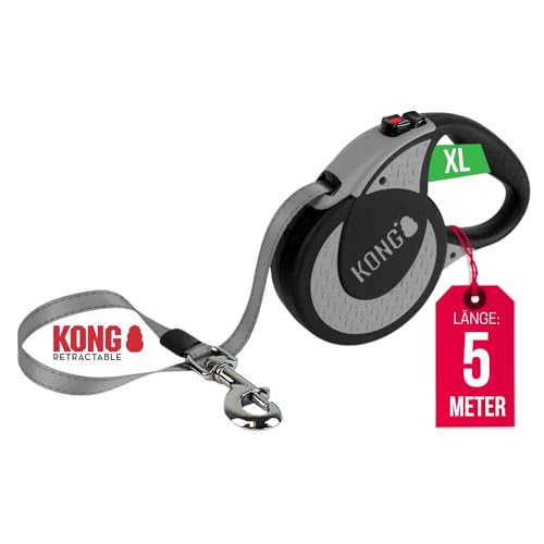 KONG ausrollbare Hundeleine in 5m Länge I Für sehr große & starke Hunde bis 70kg I Größe XL I Hochwertige Rollleine mit Break & Lock System in grau I Leine mit Softgriff & reflektierendem Gurt von KONG