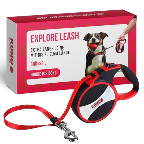 KONG Rollleine in 7,5m Länge I Für große Hunde bis 50kg I Größe L I Lange Hundeleine mit Break & Lock System in rot I Komfortable Hunde-Leine mit Softgriff & reflektierendem Gurt von KONG