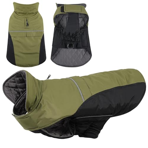 KONVINIT Hundemantel Winter Warm Hundejacke Wasserdicht Wintermantel für Kleine/Mittelgroße Hunde Winddichte Winterjacke für Hunde mit Reflexstreifen und Bauchschutz,Olive L von KONVINIT