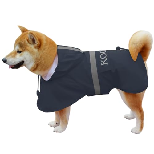 KOOGAL Große Hunde Regenjacken Mit Kapuze,Hunde Regenmantel,Mit Reflektierenden Sicherheitsstreifen, Wasserdichter Hundemackintosh, Geeignet Für Mittlere Und Große (Marineblau, 2XL) von KOOGAL