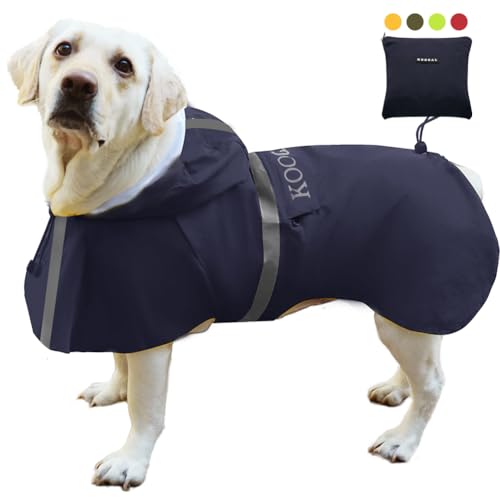 KOOGAL Große Hunde Regenjacken Mit Kapuze,Hunde Regenmantel,Mit Reflektierenden Sicherheitsstreifen, Wasserdichter Hundemackintosh, Geeignet Für Mittlere Und Große (Marineblau, 4XL) von KOOGAL