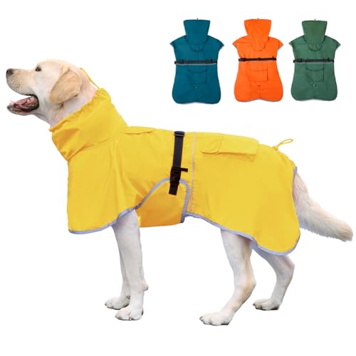 KOOGAL Hunde-Regenmantel, wasserdicht, mit Kapuze, reflektierend, verstellbar, leicht, Haustier-Regenjacke für mittelgroße und große Hunde (Gelb, 7XL) von KOOGAL