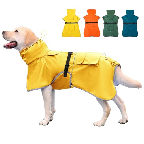 KOOGAL Hunde-Regenmantel, wasserdicht, mit Kapuze, reflektierend, verstellbar, leicht, Haustier-Regenjacke für mittelgroße und große Hunde (Gelb, 7XL) von KOOGAL