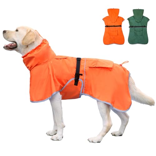 KOOGAL Hunde-Regenmantel, wasserdicht, mit Kapuze, reflektierend, verstellbar, leicht, Haustier-Regenjacke für mittelgroße und große Hunde (Orange, 6XL) von KOOGAL