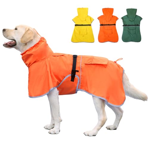 KOOGAL Hunde-Regenmantel, wasserdicht, mit Kapuze, reflektierend, verstellbar, leicht, Haustier-Regenjacke für mittelgroße und große Hunde (Orange, 6XL) von KOOGAL