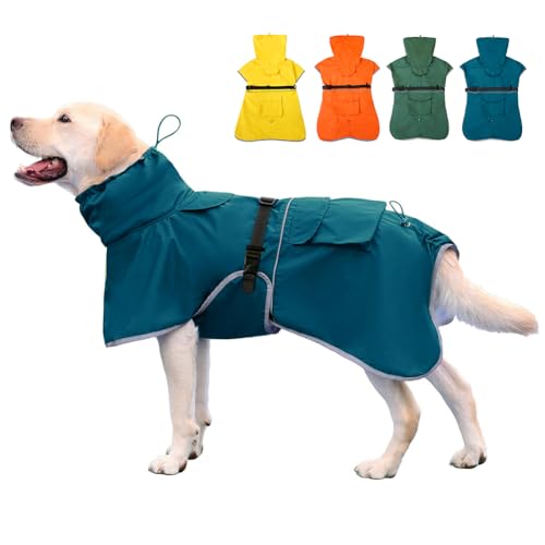 KOOGAL Reflektierender Hunde-Regenmantel, wasserdicht, verstellbar, Hundeponcho mit Kapuze, Regenmantel für mittelgroße und große Hunde, leichte Haustier-Regenjacke (Blau, Größe 4XL) von KOOGAL