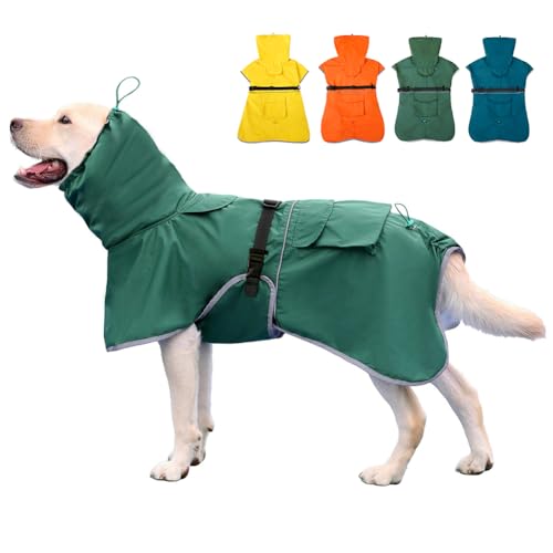 KOOGAL Wasserdichter Hunde-Regenmantel, verstellbar, mit Kapuze, für mittelgroße und große Hunde, reflektierende Hunde-Regenjacke (Grün, Größe 5XL) von KOOGAL