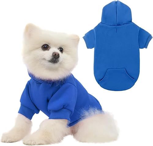 Basic Hunde-Kapuzenpullover, weicher und warmer Hunde-Kapuzenpullover mit Loch für die Leine und Tasche, Hunde-Wintermantel, Kaltwetterkleidung für XS-XXL Hunde (blau2, klein) von KOOLTAIL