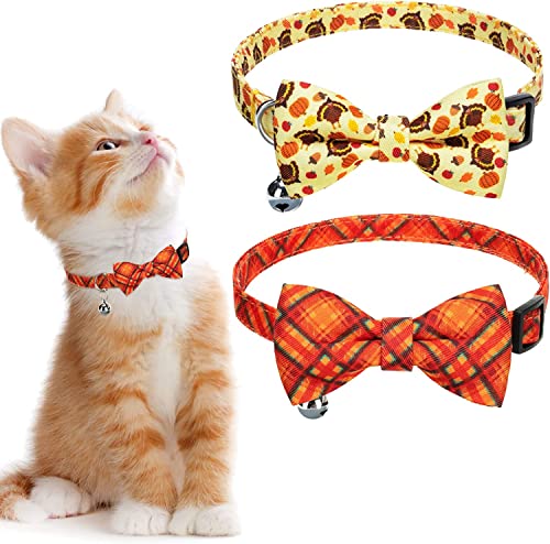 Breakaway Katzenhalsband mit Fliege und Glöckchen, Erntedankfest, Truthahn-Druck, kariert, Orange, Beige, niedliches Kätzchen-Zubehör für Katzen, Welpen, 2 Stück von KOOLTAIL