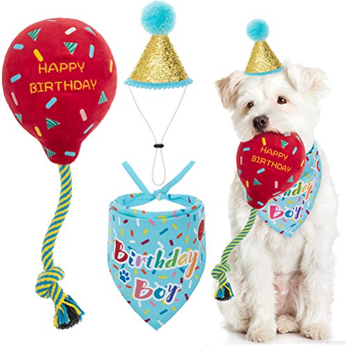 KOOLTAIL Hund Geburtstag Bandana Hut Ballon Plüschtier Set, Niedliches Haustier Happy Birthday Zubehör Welpen Kauspielzeug für Hunde Katzen Welpen von KOOLTAIL