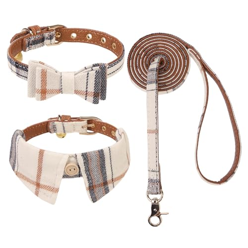 KOOLTAIL Set mit Halsband und Leine für kleine Hunde mit Fliege und Glöckchen – Welpenhalsband und Leine für Damen/Herren mit klassischem Karomuster, weiches Leder für kleine Hunde, Jungen, Mädchen, von KOOLTAIL