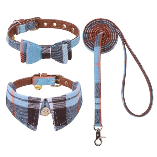 KOOLTAIL Set mit Halsband und Leine für kleine Hunde mit Fliege und Glöckchen – Welpenhalsband und Leine für Damen/Herren mit klassischem Karomuster, weiches Leder für kleine Hunde, Jungen, Mädchen, von KOOLTAIL