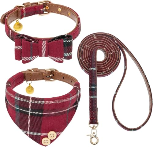 Hundehalsband und Leine mit Fliege, Set für kleine Hunde – Welpenleine Halsbänder klassisch beige kariert – verstellbare Größe mit Goldener Glocke – perfekt für mittelgroße Rassen Jungen von KOOLTAIL