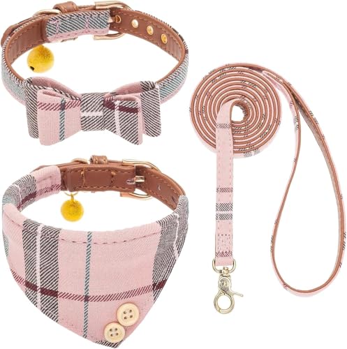 Hundehalsband und Leine mit Fliege, Set für kleine Hunde – Welpenleine Halsbänder klassisch rosa kariert – verstellbare Größe mit Goldener Glocke – perfekt für kleine Rassen und Mädchen von KOOLTAIL