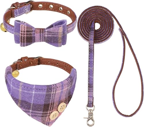 Hundehalsband und Leine mit Fliege für kleine Hunde – Welpenleinenhalsbänder, klassisches Beige kariert – verstellbare Größe mit Goldener Glocke – perfekt für kleine Rassen Mädchen von KOOLTAIL