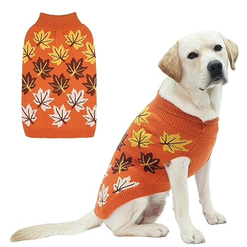 Hundepullover, gestrickt, klassisch, kariert, Rollkragen, Hundepullover mit Loch für die Leine, warme Hunde, Winterkleidung für kleine, mittelgroße Hunde, Katzen, Welpen (groß, Ahornblatt, Orange) von KOOLTAIL