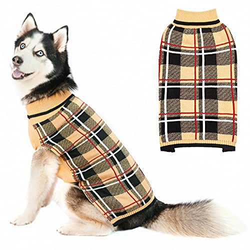 Hundepullover Haustier Strickkleidung – Klassisches Karomuster zum Überziehen mit Rollkragen-Hundepullover mit Leinen-Loch, warmes Wintertuch für kleine mittelgroße Hunde Katzen Welpen von KOOLTAIL