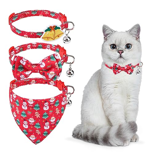 KOOLTAIL Breakaway Katzenhalsband mit Glocke für Weihnachten – 3 Stück Fliege Katzenhalsbänder Bandana mit Sicherheitsschnalle Verstellbare Größe für Kätzchen Katzen Welpen Glocke Dekoration von KOOLTAIL