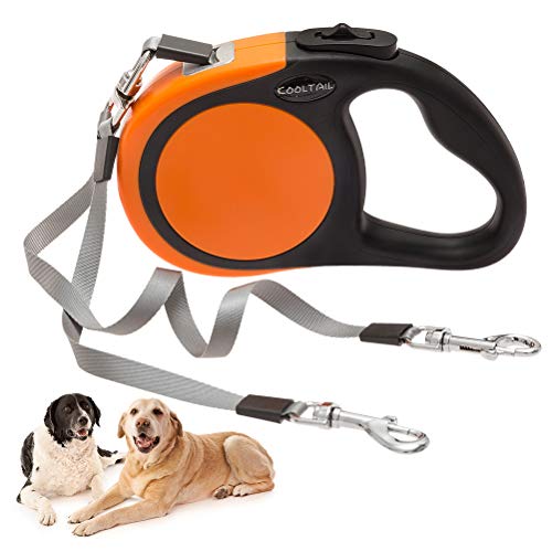 KOOLTAIL Dual Retractable Hundeleine für zwei Hunde bis 110 Lbs, Heavy Duty Doppelkopf 16 ft Flexi Erweiterbare 360° Tangle-Free One Button&Lock Bremse Hundeleine für kleine mittlere Orange von KOOLTAIL