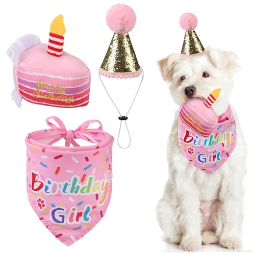 KOOLTAIL Hund Geburtstag Bandana Hut Kuchen Plüsch Spielzeug Set, Niedliche Krone Haustier Happy Birthday Zubehör Welpe Kauspielzeug für Hunde Katzen Welpen Rosa von KOOLTAIL