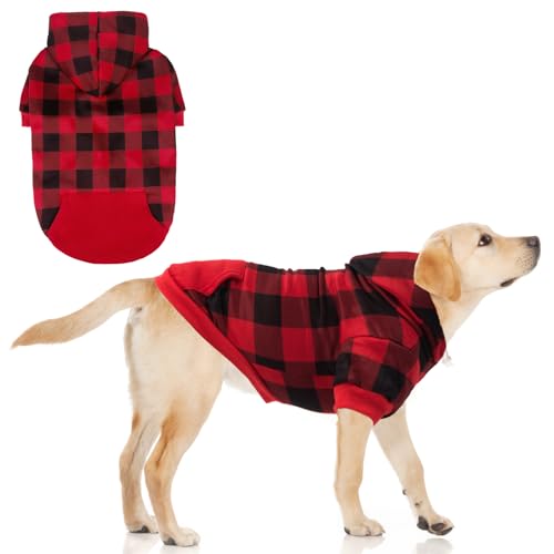 KOOLTAIL Hunde-Kapuzenpullover mit Karomuster für kleine, mittelgroße und große Hunde – Haustierkleidung mit Hut und Tasche für kaltes Wetter, Winter, warmes, weiches Hunde-Kapuzen-Sweatshirt, Mantel, von KOOLTAIL