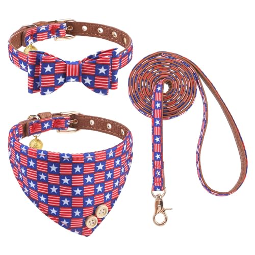 KOOLTAIL 4. Juli Set mit Halsband und Leine mit Fliege und Glöckchen, Welpenhalsband und Leine für Damen/Herren, mit klassischem Karomuster, weiches Leder, Leinen für kleine Hunde, Jungen, Mädchen von KOOLTAIL