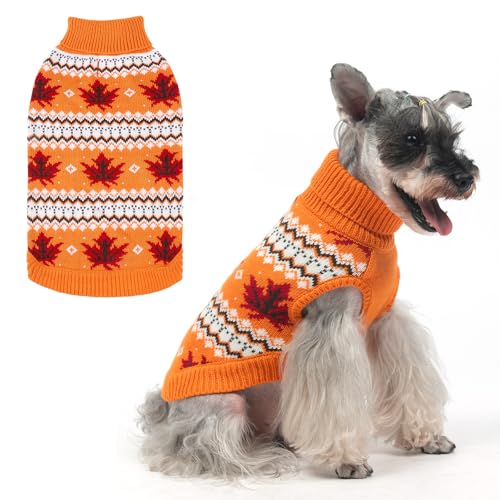 KOOLTAIL Hundepullover mit Zopfmuster, Rollkragen für kaltes Wetter, klassische Strickwaren, dicke warme Winter-Haustierkleidung, Herbst-Ahornblätter, Erntedankfest, Hundepullover für kleine, von KOOLTAIL