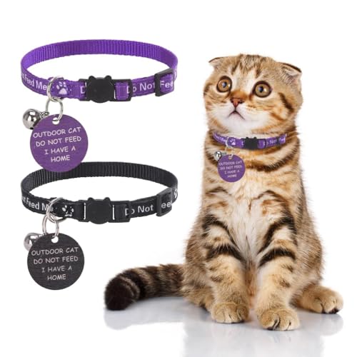 KOOLTAIL Katzenhalsband-Set mit Warntafel zum Aufhängen "Do Not Feed Me", verstellbares Katzenhalsband-Set mit Glöckchen, sicheres Schnallen-Design, für Katzen, Schwarz und Lila, 2 Stück von KOOLTAIL