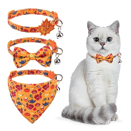 KOOLTAIL Katzenhalsband mit Glocke, Kürbis-Türkei-Dekoration, 3 Stück, Fliege, Herbsturlaub, Katzenhalsband, Bandana mit Sicherheitsschnalle, verstellbare Größe für Kätzchen, Katzen, Welpen, Jungen von KOOLTAIL