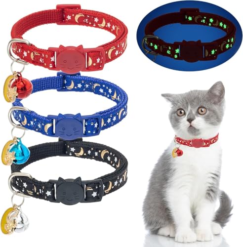 KOOLTAIL Katzenhalsband mit Glöckchen, leuchtet im Dunkeln, mit Sternen und Mond, reflektierend, ideal für Kätzchen, Katzen, Welpen, 3 Stück, Schwarz von KOOLTAIL