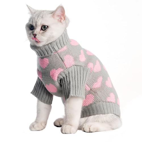 KOOLTAIL Katzenpullover – Valentinstags-Outfit mit Herz-Liebe-Muster, weich, warm, gestrickt, Rollkragenkleidung für Katzen, Kätzchen, kleine Hunde, Welpen, Grau, Größe L von KOOLTAIL