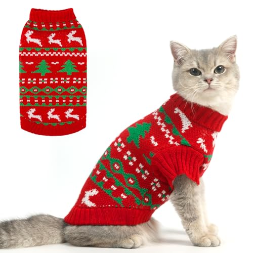 KOOLTAIL Katzenpullover mit Rollkragen, weicher Strick, nur für Katzen, Elch-Weihnachtsbaum-Muster, dick, warm, kaltes Wetter, Haustierkleidung, Outfit für kleine, mittelgroße und große Kätzchen, von KOOLTAIL