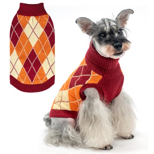 KOOLTAIL Kleiner Hundepullover, gestrickter Rollkragen, orangefarbener Herbst-Hundepullover für mittelgroße und große Hunde, karierter Pullover, kaltes Wetter, Strickwaren, Hundewinter warme Kleidung, von KOOLTAIL