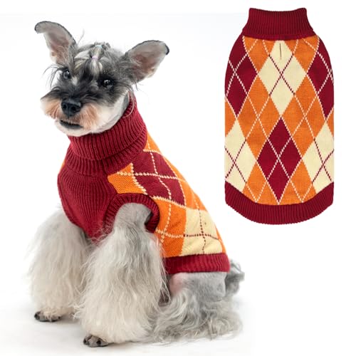 KOOLTAIL Kleiner Hundepullover, gestrickter Rollkragen, orangefarbener Herbst-Hundepullover für mittelgroße und große Hunde, karierter Pullover, kaltes Wetter, Strickwaren, Hundewinter warme Kleidung, von KOOLTAIL