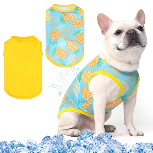 KOOLTAIL Kühl-Shirts für Hunde, 2er-Pack, T-Shirt, Kleidung, Sommer-Shirt, Weste, leicht, mit modischem Druck, für kleine, mittelgroße und große Hunde, Gelb (gelbe Ananas, M) von KOOLTAIL